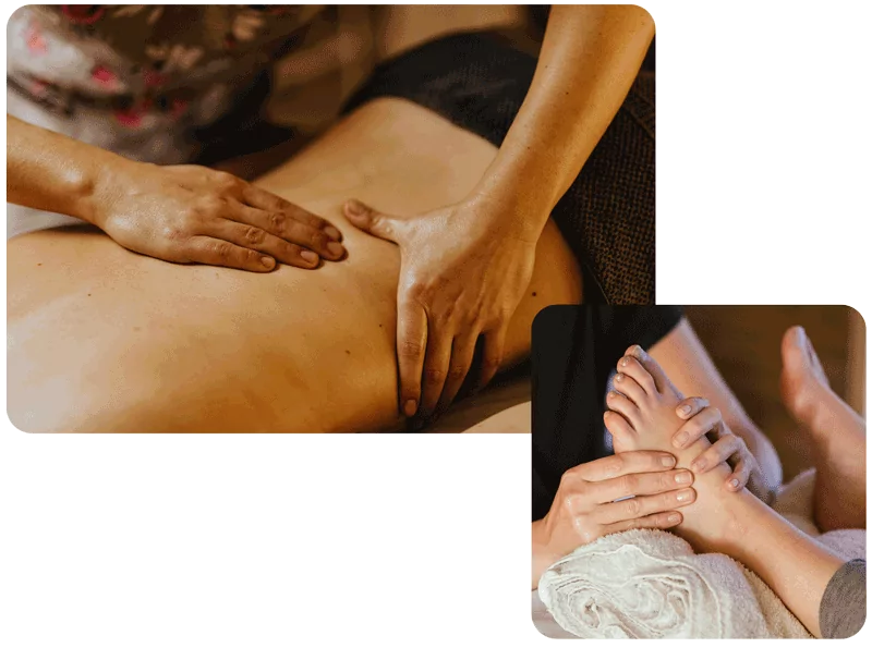 Es wird ein Rücken und Füße massiert, es handelt sich um klassische Massage Nürnberg sowie Reflexzonentherapie