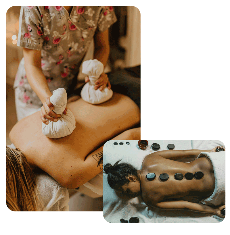 physikalische-unterstützung Die Physiotherapeutin in Nürnberg verwendet warme Steine und Kompresse um bei einer Kundin Wärmetherapie für Entspannung und Erleichterung zu sorgen