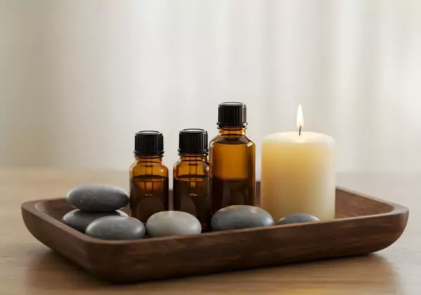 Ätherische Öle und eine Kerze, richtiges Wellness in Nürnberg bei einer Raindrop-Massage.